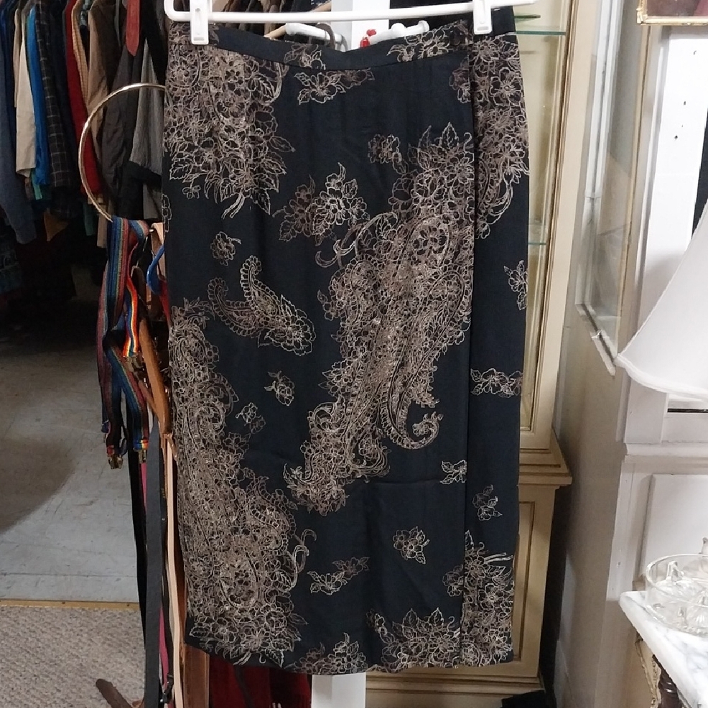 Talbots Black and Brown Floral Patterned Wrap Skirt
